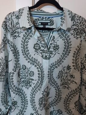 Talbots Mint-Blue Button Front Floral Print Blouse